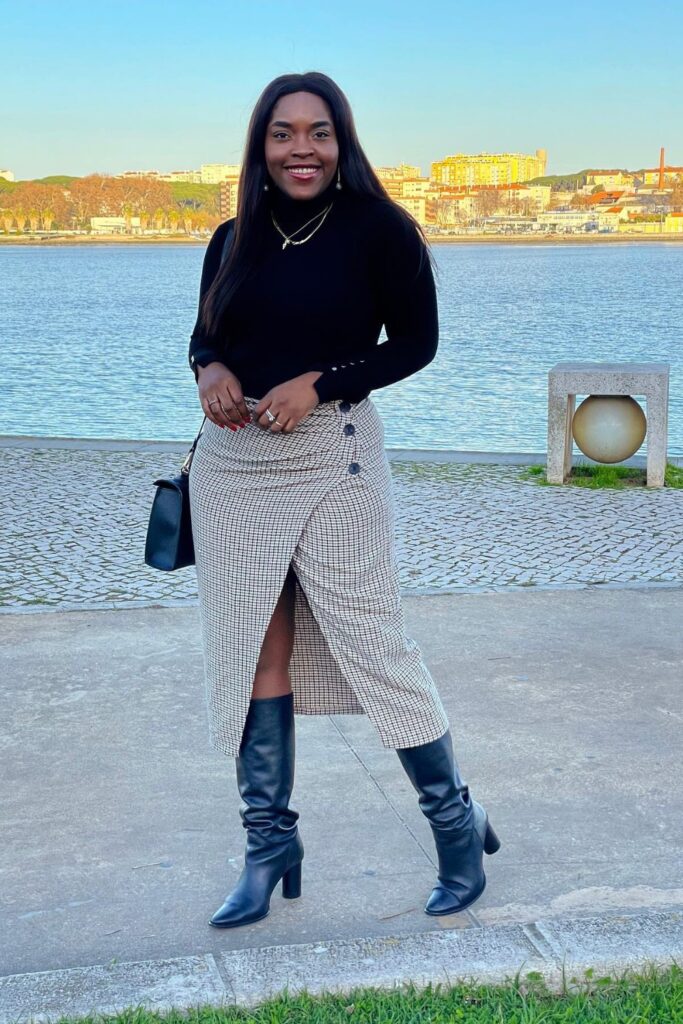 Checkered Split Skirt and Tall Boots