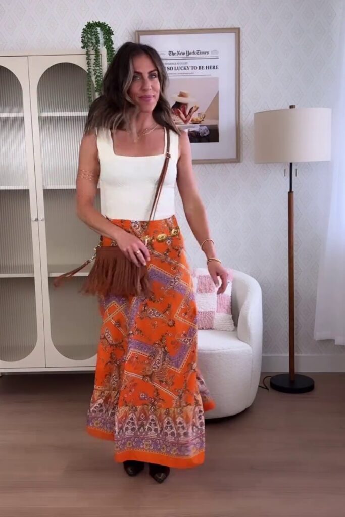 Orange and Pink Printed Maxi Skirt with Black Boots