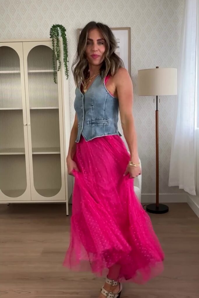 Denim Vest with Fuchsia Tulle Skirt and White Heeled Sandals