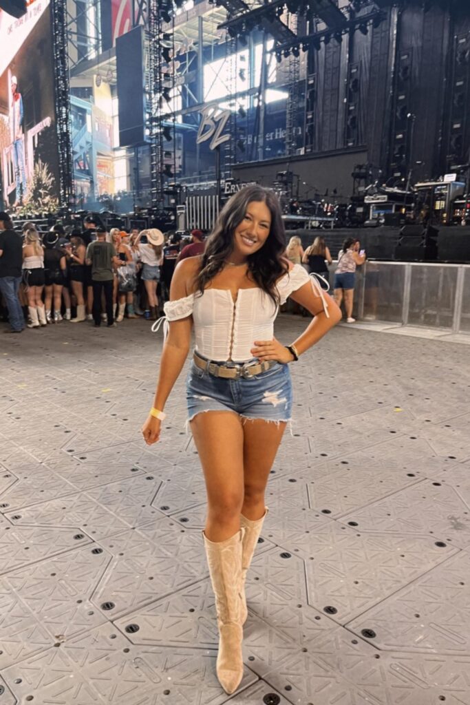 Off-Shoulder Crop Top & Denim Shorts with Knee-High Boots