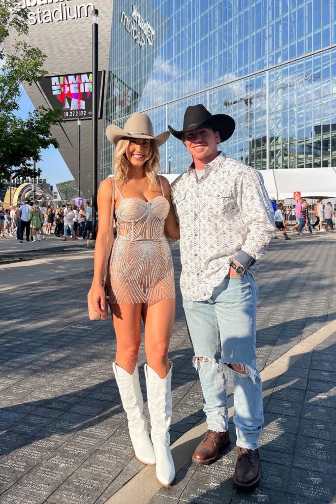 Shimmery Beige Mini Dress & White Boots