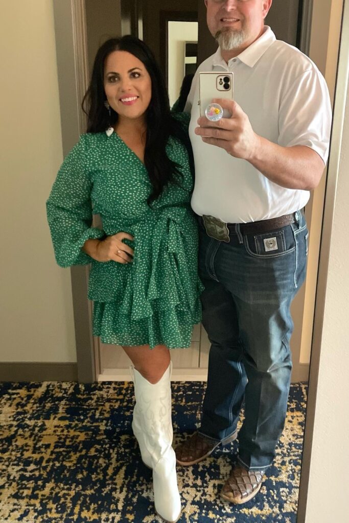 Green Polka Dot Dress & White Boots