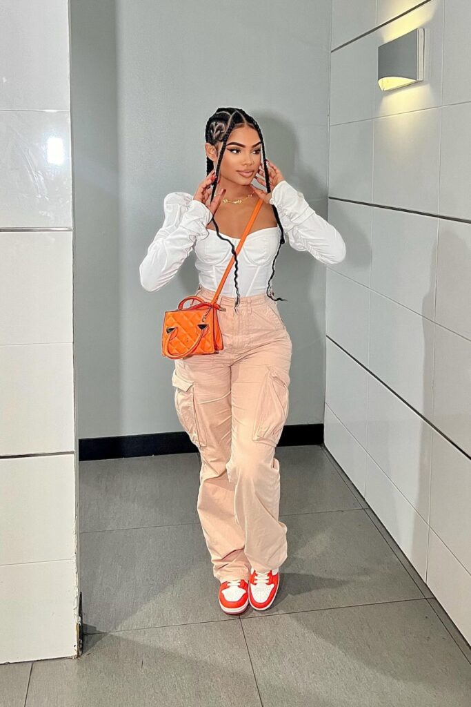 White Blouse + Cargo Pants + Red Sneakers