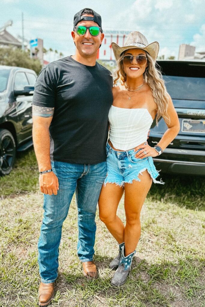 White Top + Denim Shorts + Ankle Boots + Hat