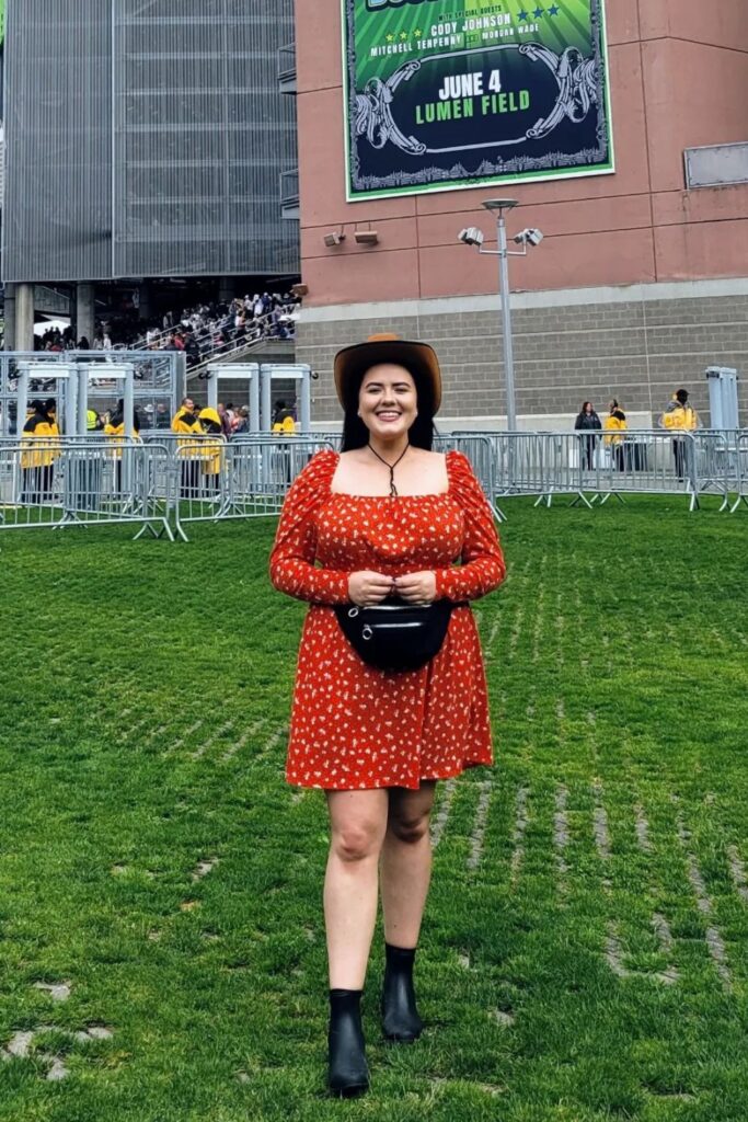 Red Floral Dress + Black Accessories