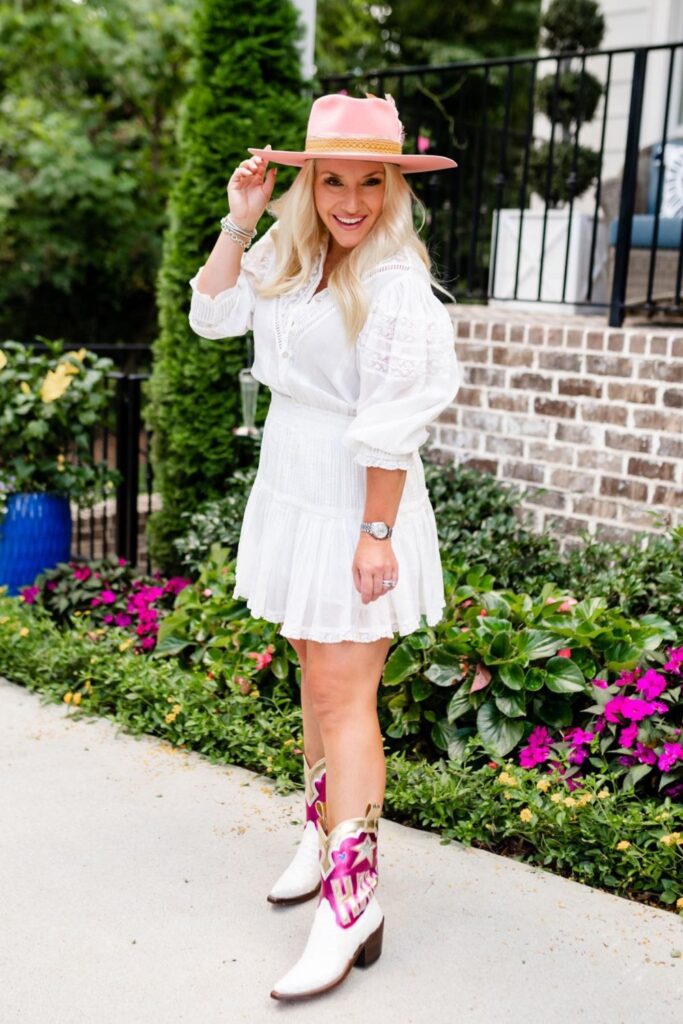 White Eyelet Dress + Pink Hat + Boots