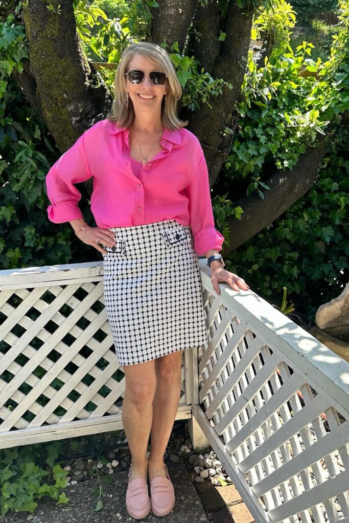 Pink Blouse & Houndstooth Skirt