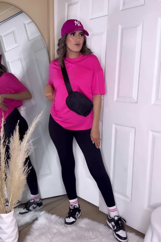 Bright T-Shirt, Baseball Cap, Leggings, and Sneakers