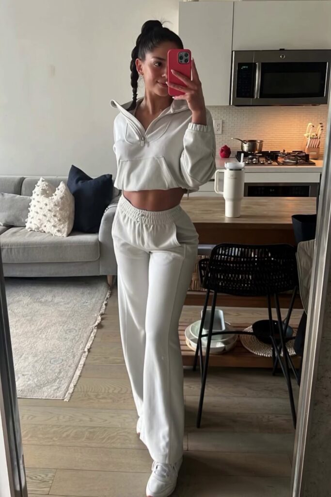 Sport Hoodie, Matching Wide-Leg Pants, and Sneakers