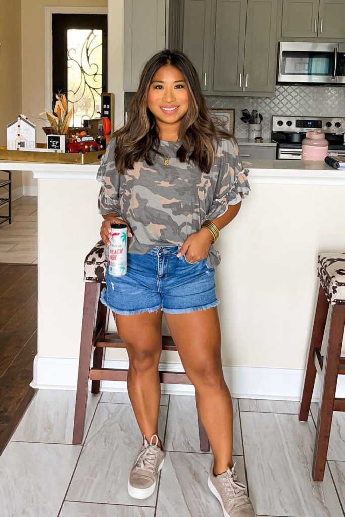 Camo-Print T-Shirt, Denim Shorts, and Sneakers