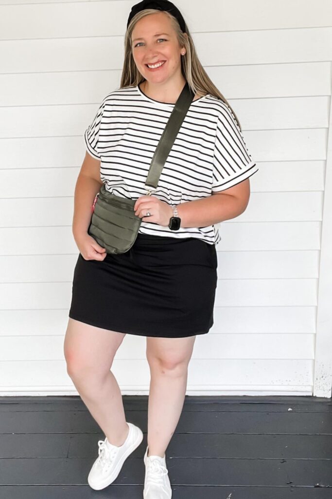 Striped Top, Mini Skirt, and Sneakers