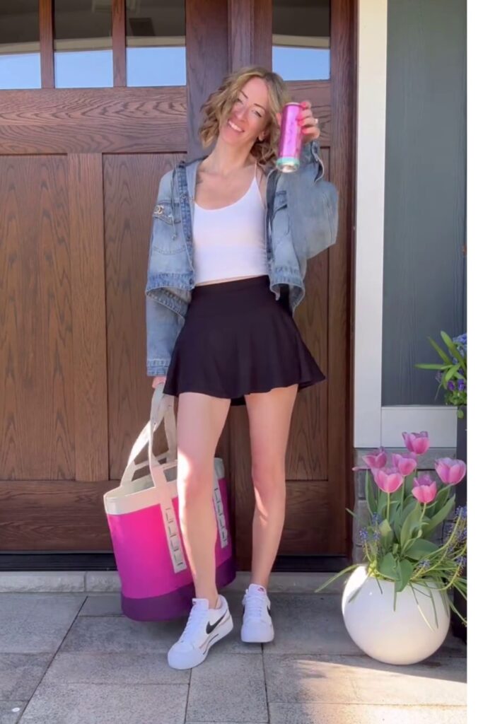 Striped Top, Mini Skirt, and Sneakers