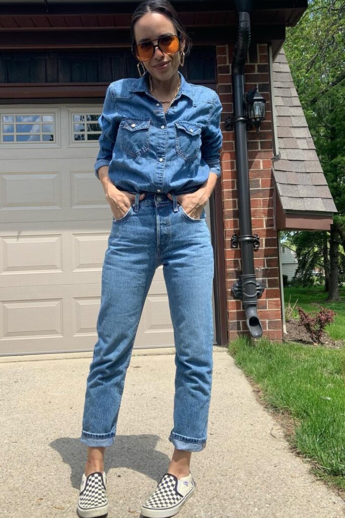 Denim Button-Up Shirt, Jeans, and Slip-On Sneakers