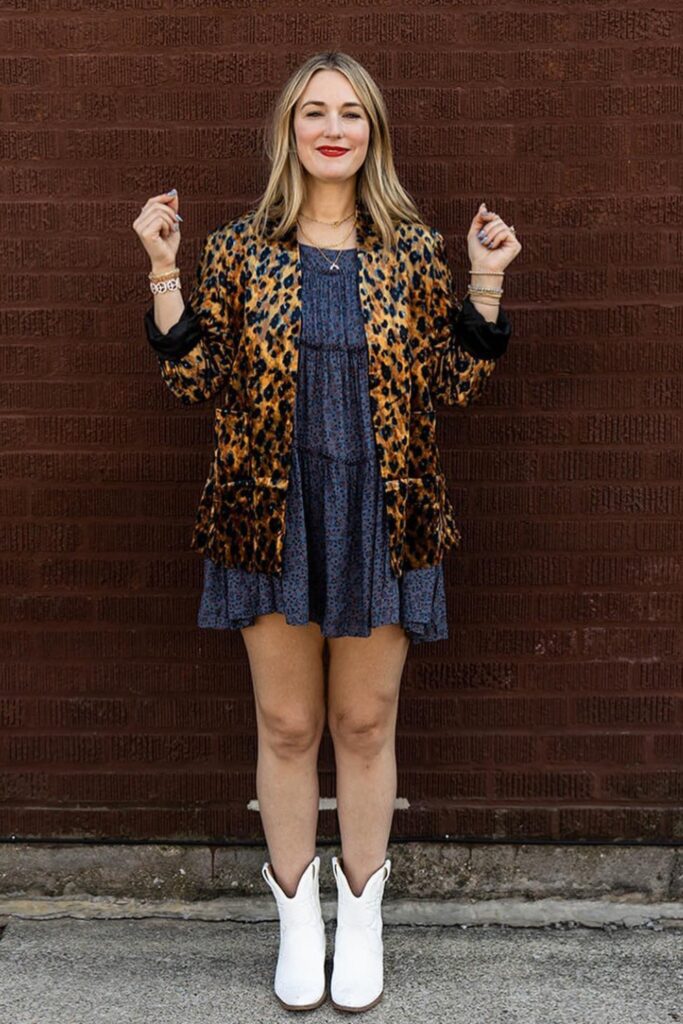 Leopard Print Velvet Blazer with Floral Dress and Cowboy Boots