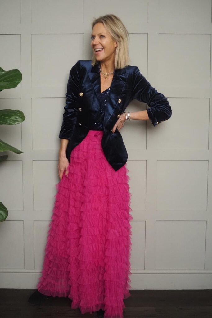 Navy Blue Velvet Blazer with Pink Feathered Skirt