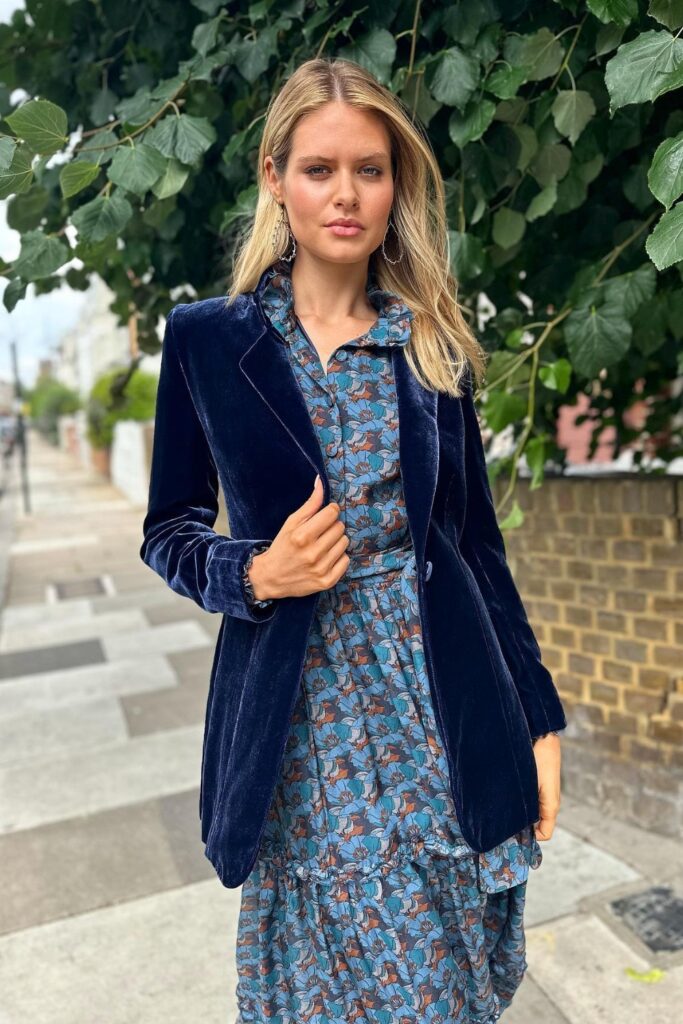 Navy Blue Velvet Blazer with Blue Floral Dress