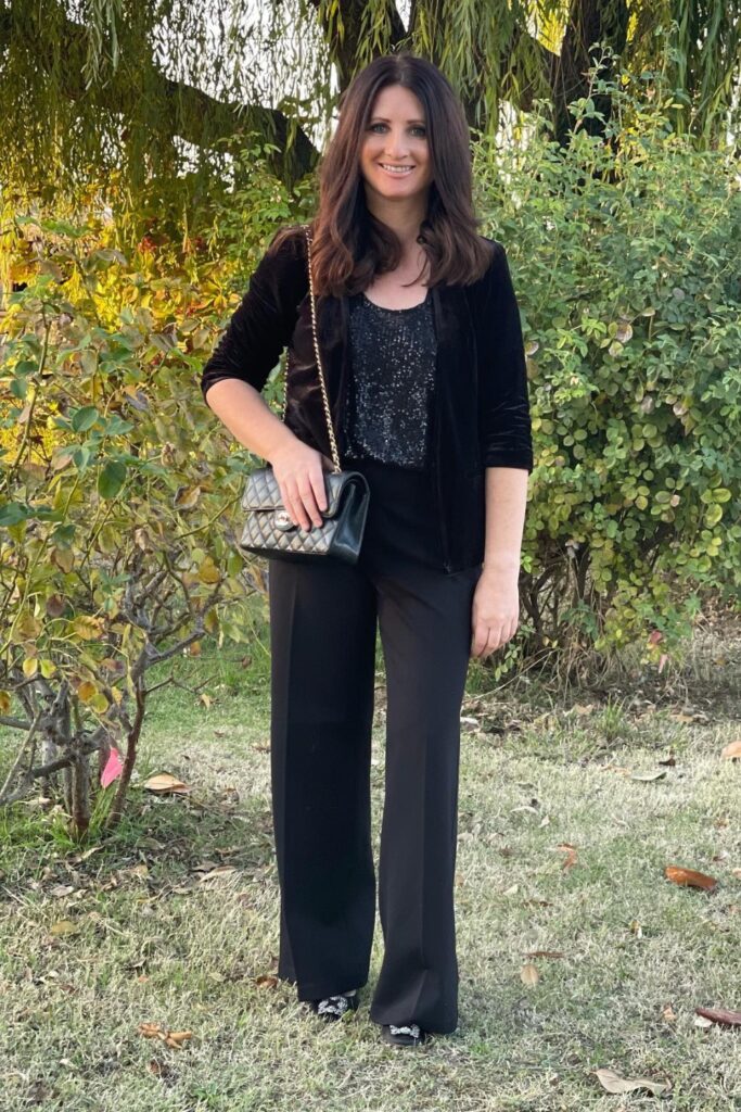 Black Velvet Blazer with Sequined Top and Wide-Leg Pants