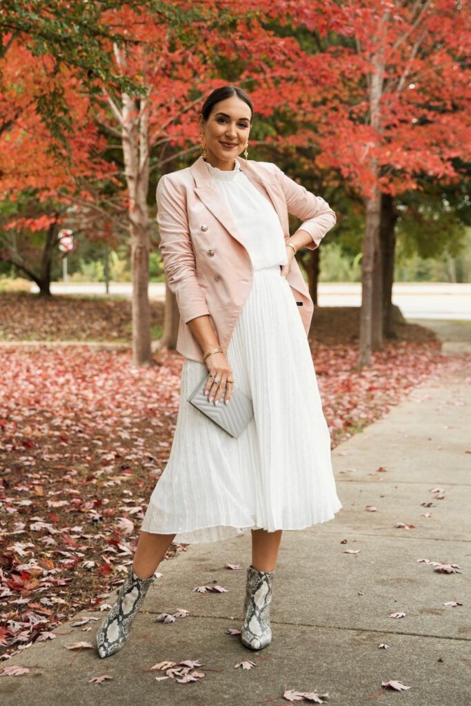 Light Pink Blazer with White Pleated Dress and Booties