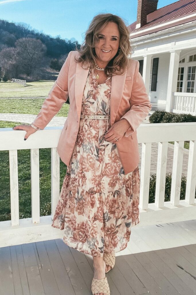 Light Pink Velvet Blazer with Floral Dress and Nude Heels