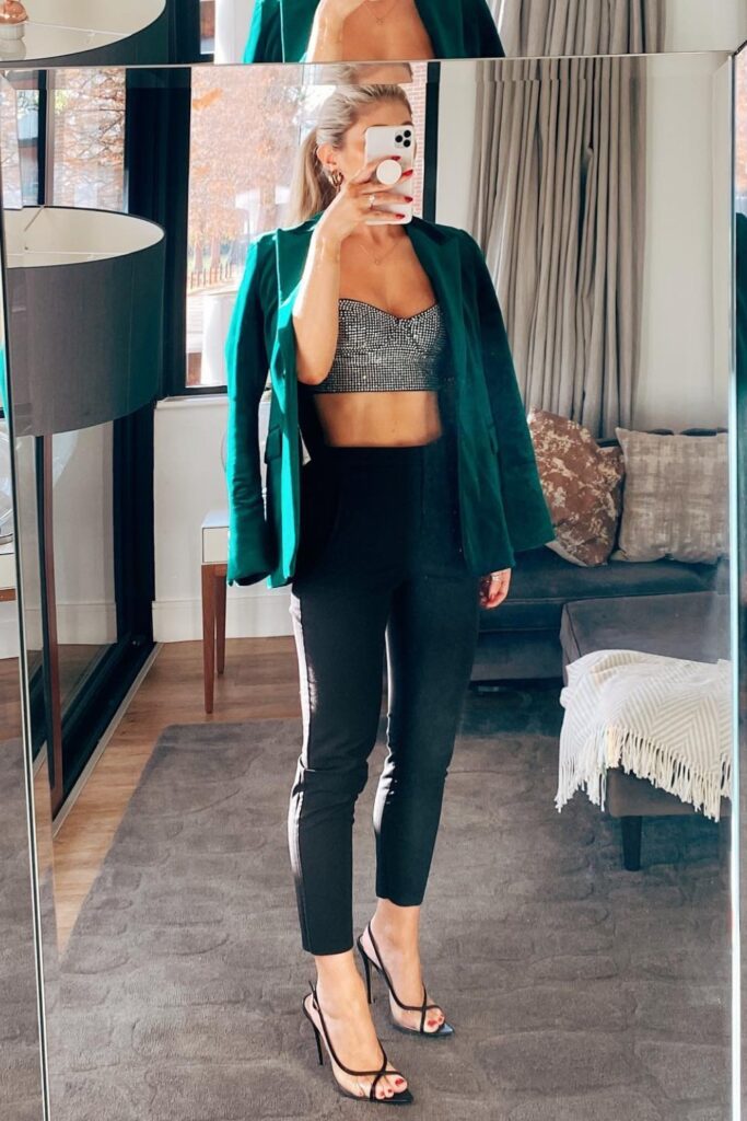 Green Velvet Blazer as Top with Crystal-Embellished Bralette