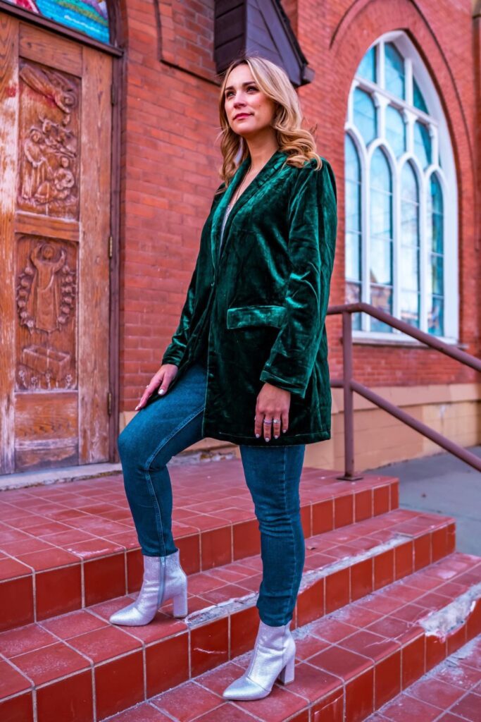 Green Velvet Blazer Dress with Blue Jeans and Metallic Boots