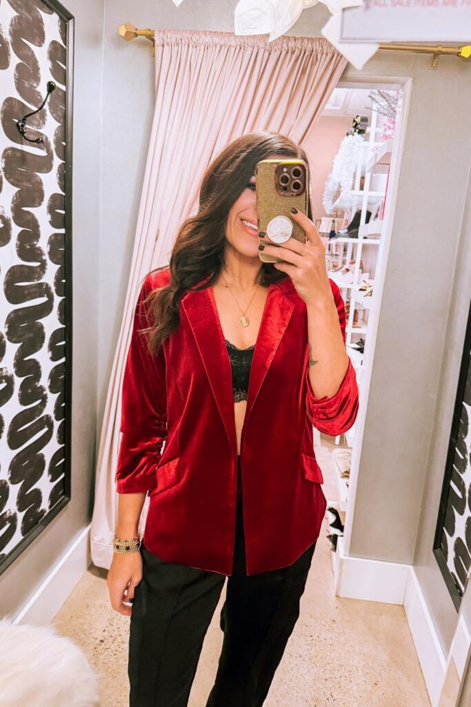 Red Velvet Blazer with Lacy Black Camisole and Pants