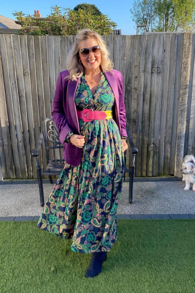 Purple Velvet Blazer with Floral Maxi Dress