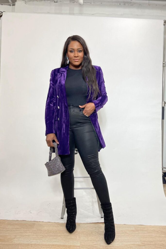 Purple Velvet Blazer with Black Leather Pants and Boots