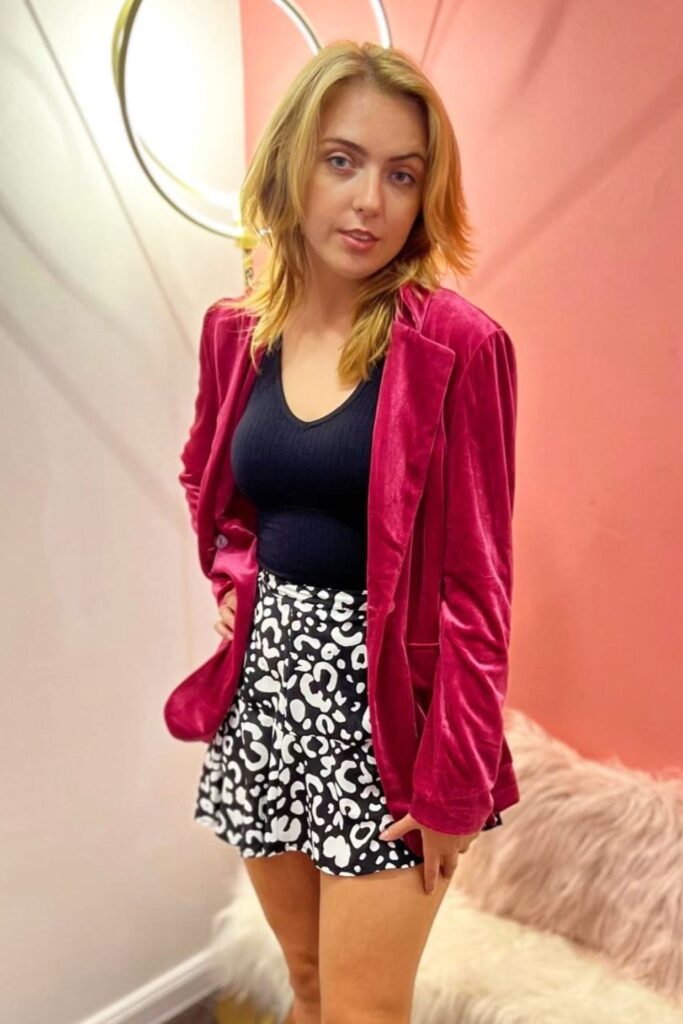 Burgundy Velvet Blazer with Printed Mini Skirt