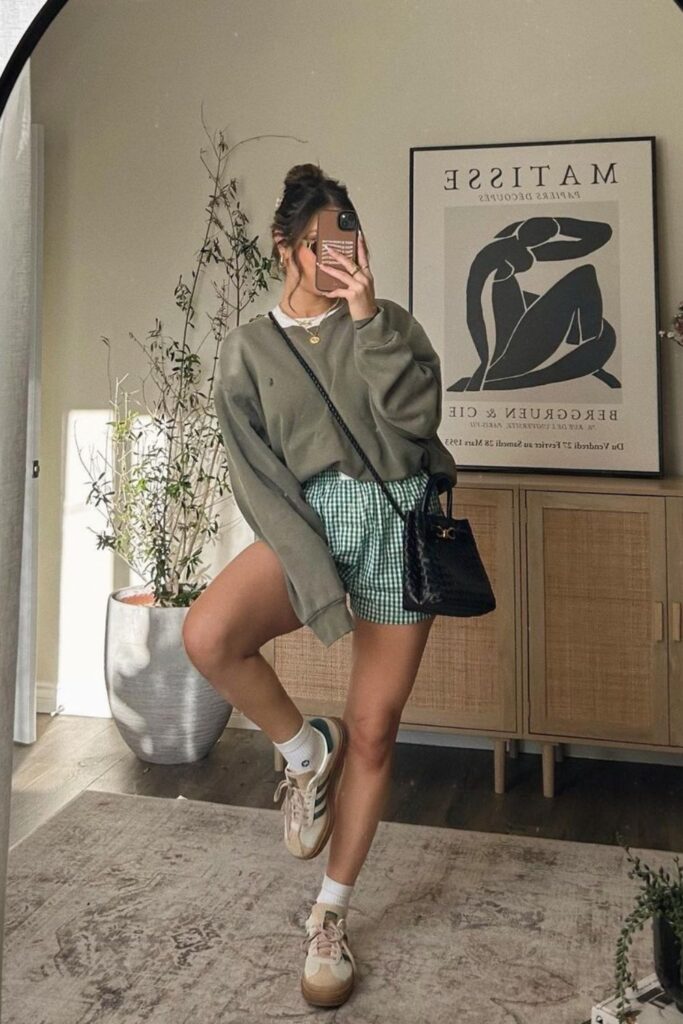 Boxer Shorts Outfits: Olive Green Sweater and Green Boxer Shorts