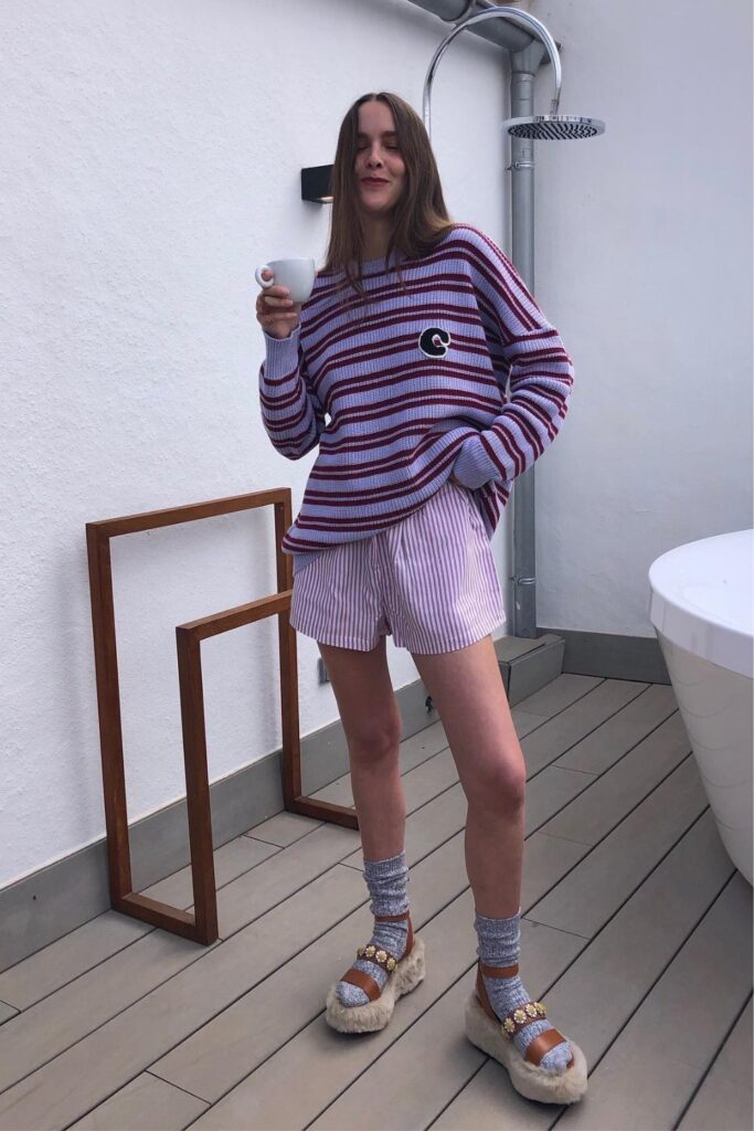 Boxer Shorts Outfits: Sweater + Socks + Slides