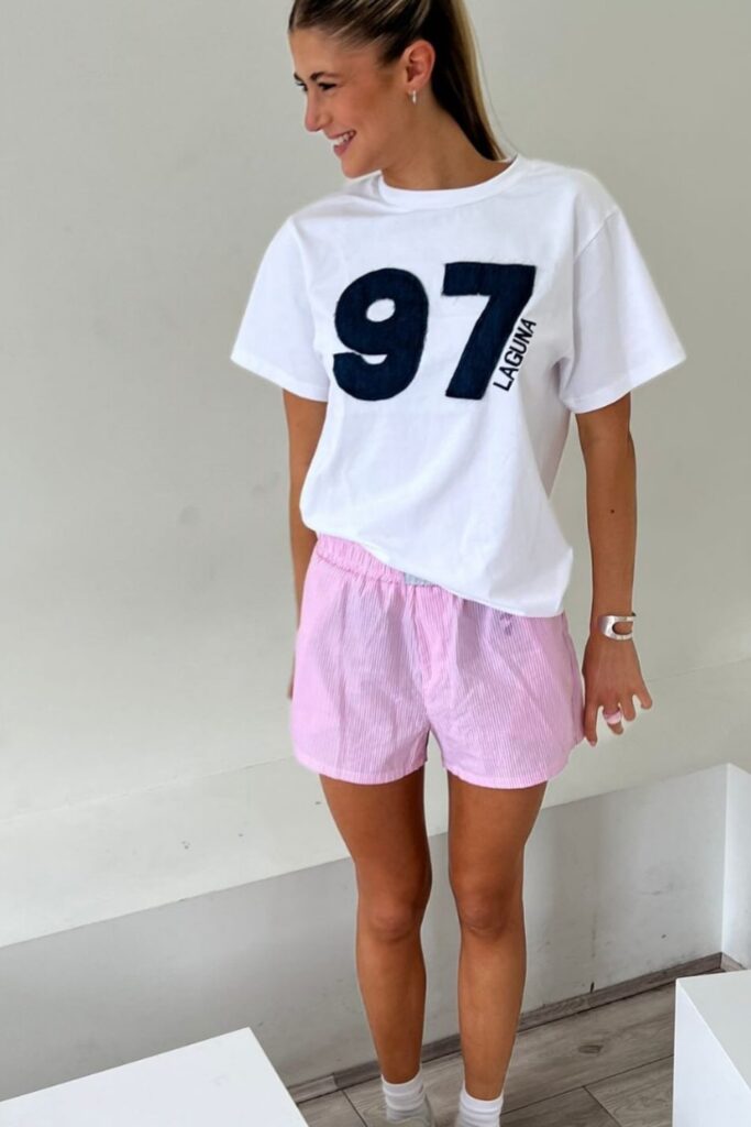 Boxer Shorts Outfits: White Tee and Pink Boxer Shorts