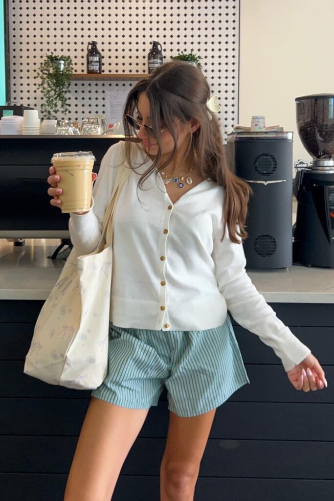 Boxer Shorts Outfits: White Cardigan and Green Boxer Shorts