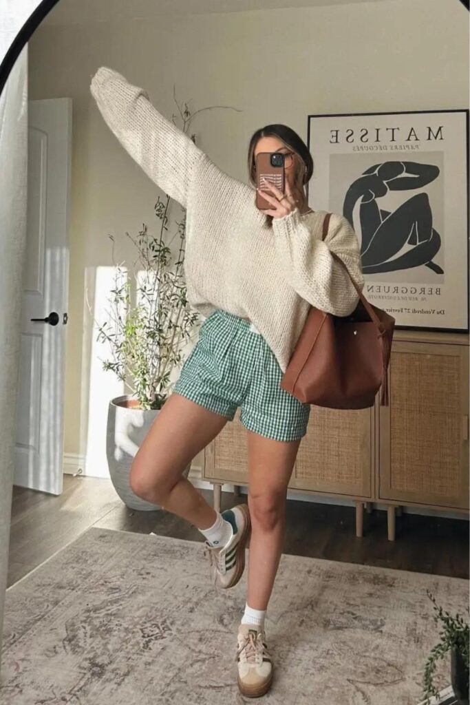 Boxer Shorts Outfits: Cream Sweater and Green Boxer Shorts