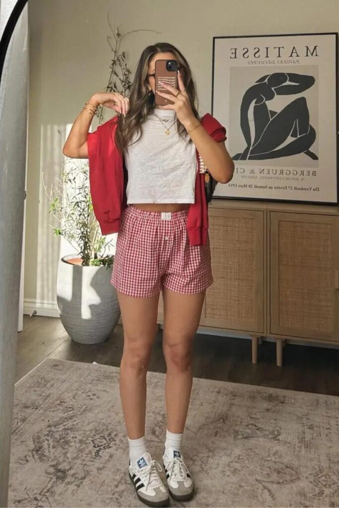 Boxer Shorts Outfits: White Tee, Red Boxer Shorts, and Red Sweater