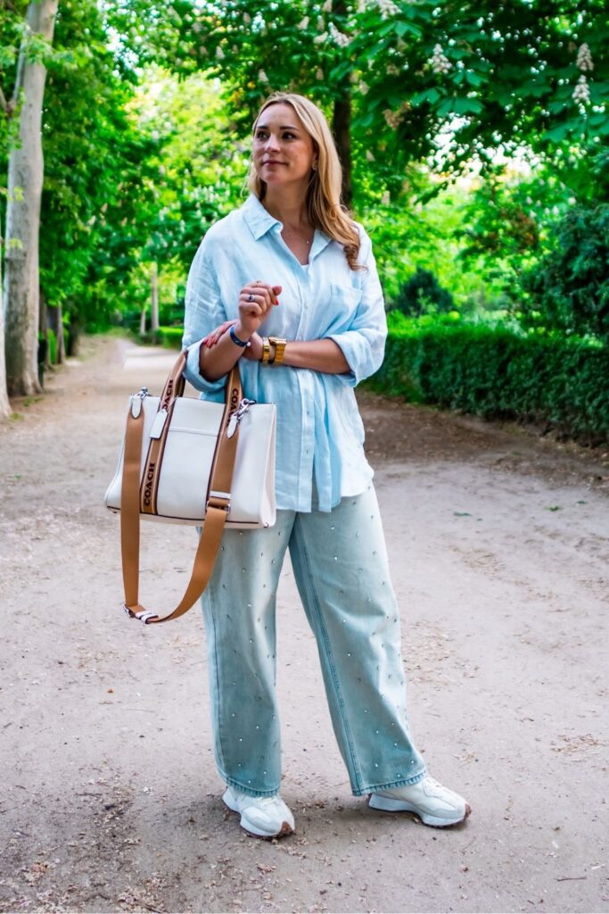 Casual Summer Outfits: Light Blue Shirtdress + Polka Dot Jeans