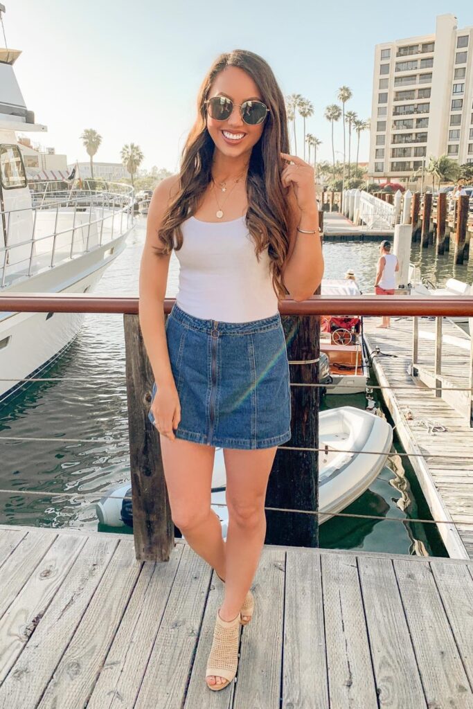 Casual Summer Outfits: White Tank + Denim Skirt + Woven Heels