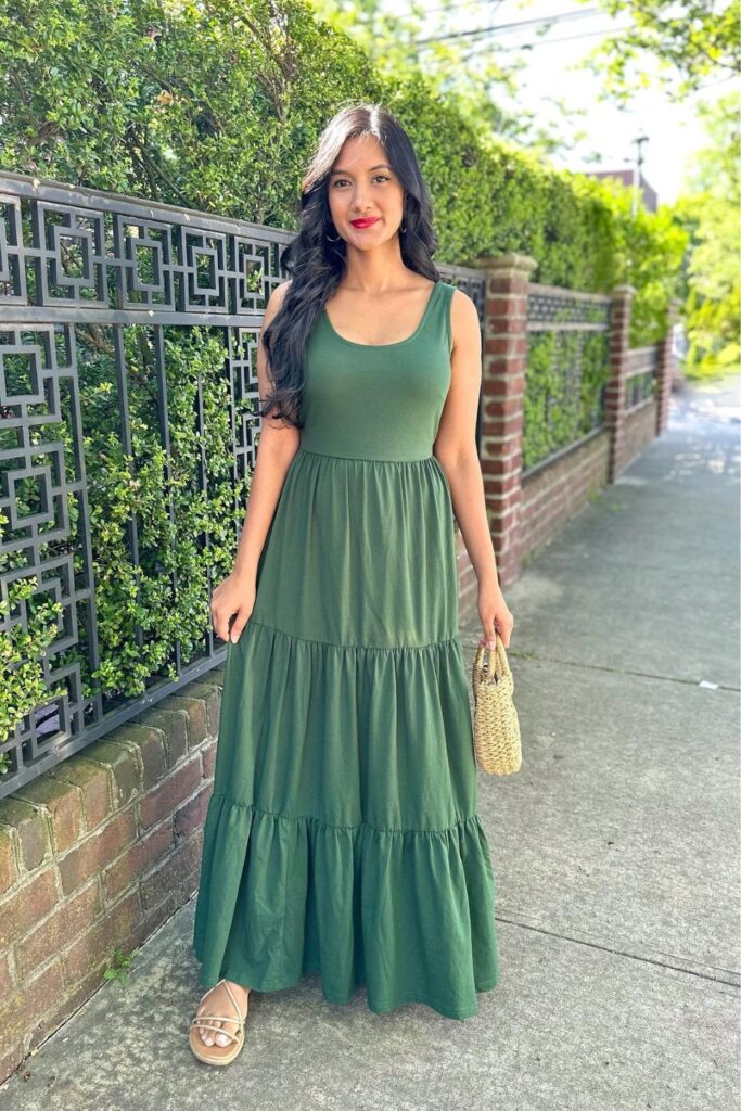 Casual Summer Outfits: Flowy Olive Green Maxi Dress + Flat Sandals