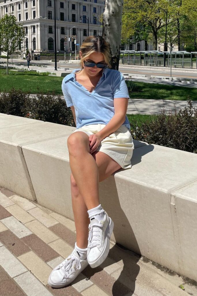 Casual Summer Outfits: Collared Tee + Shorts + Chunky Sneakers