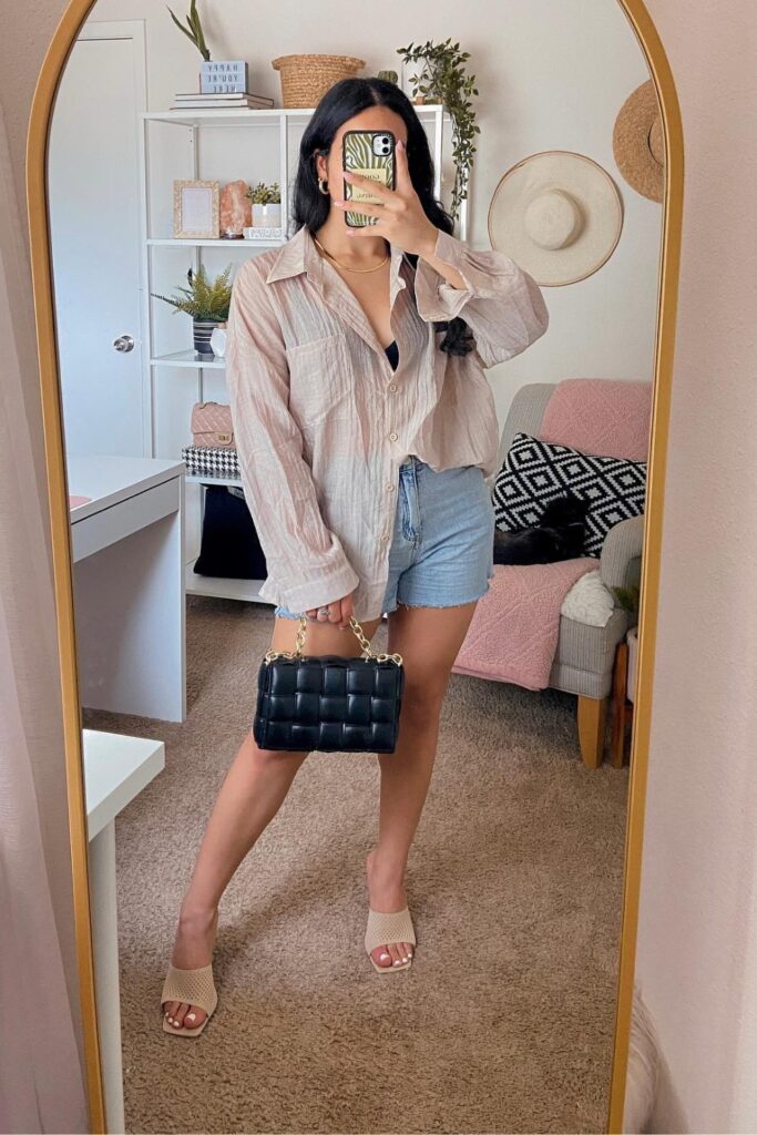 Casual Summer Outfits: Button-Up + Denim Shorts + Slides