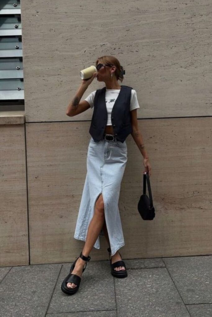 How to Style a Vest: With Cropped T-Shirt and Maxi Denim Skirt