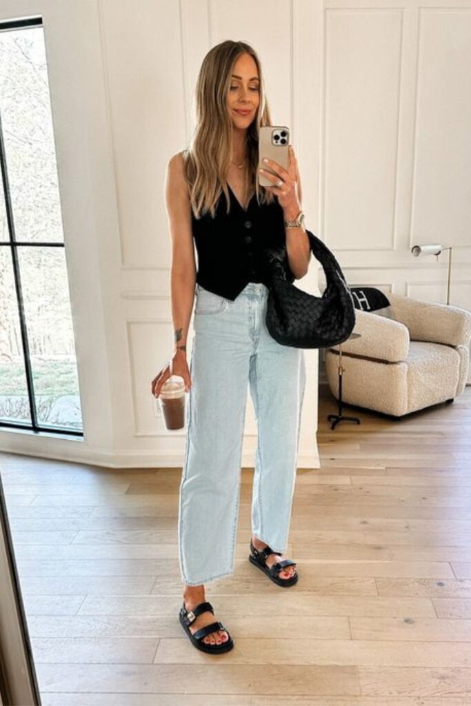 How to Style a Vest: With Light Wide Leg Denim Jeans and Sandals