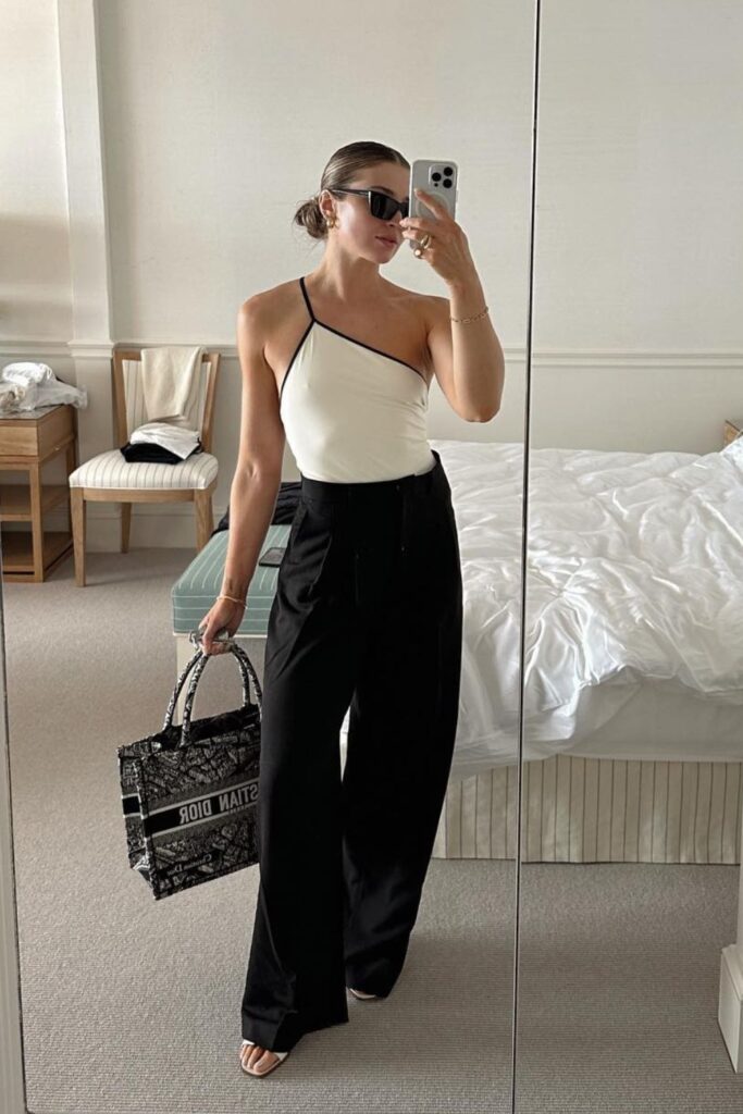 Linen Pant Outfit Ideas: Black Linen Pants + One-Shoulder Bodysuit