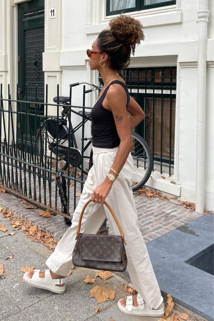 Linen Pant Outfit Ideas: White Linen Pants + Chunky Sandals