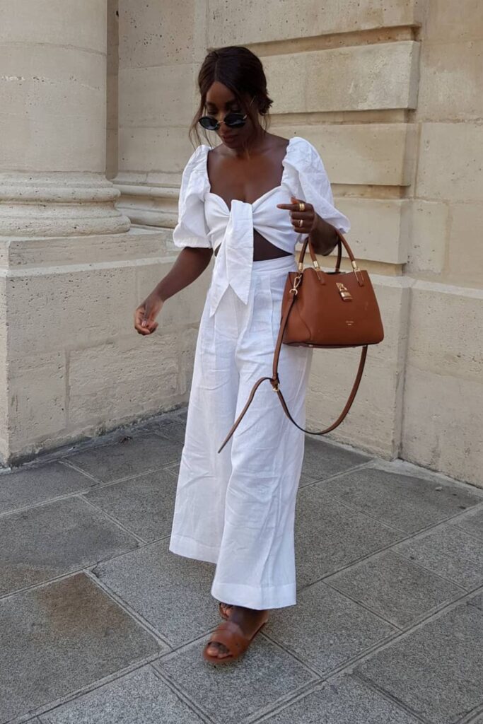 Linen Pant Outfit Ideas: White Linen Pants + Puff-Sleeve Blouse