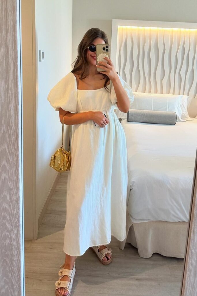 Summer Date Outfit Ideas White Puffed Sleeve Midi Dress