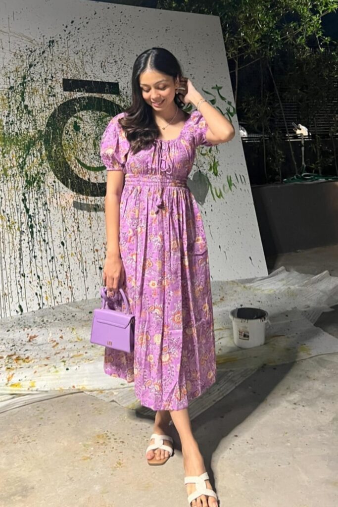 Summer Date Outfit Ideas Purple Floral Print Midi Dress