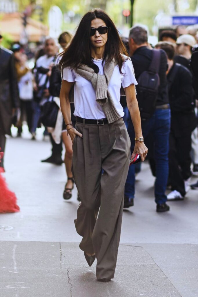 Summer Work Outfits: Slouchy Trousers and Classic White Tee