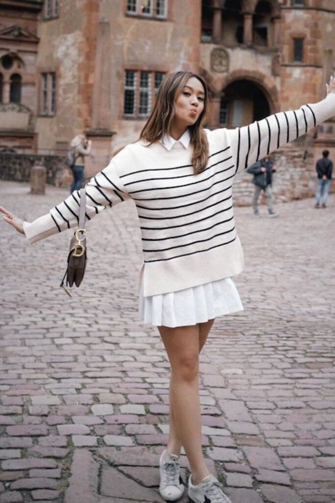 Tennis Skirt outfits: Striped Sweater and Tennis Skirt