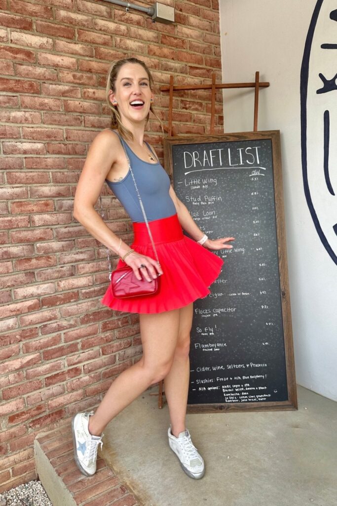 Tennis Skirt outfits: Blue Top and Red Tennis Skirt